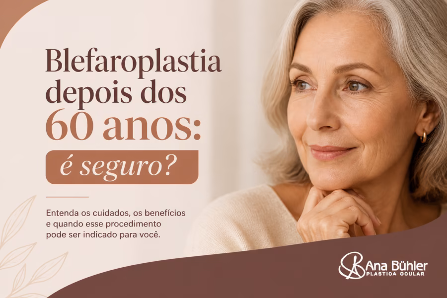 Representação da blefaroplastia como procedimento seguro em pacientes com 60 anos ou mais, destacando a importância da avaliação clínica individual