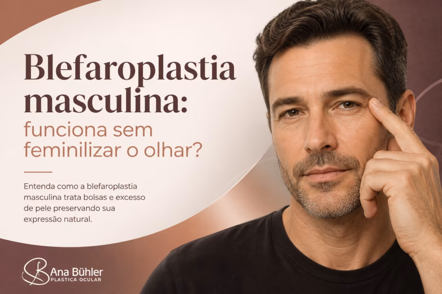 Comparação visual da anatomia periorbital masculina: posição da sobrancelha, altura do sulco palpebral, volume da pálpebra superior e eixo do canto externo em desenho técnico