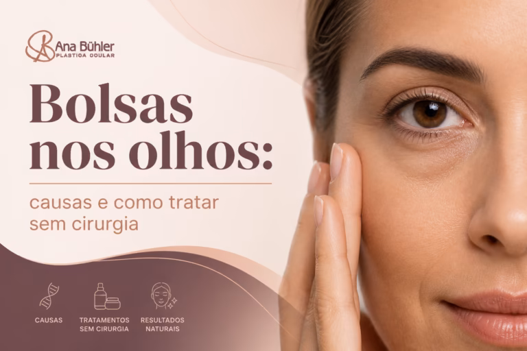 Rosto feminino em close mostrando a região abaixo dos olhos com bolsas pronunciadas e tom levemente avermelhado